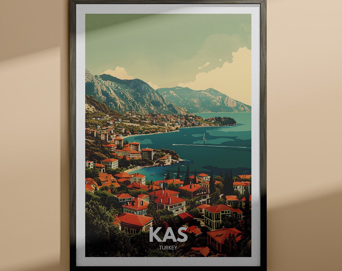 Kas Coastal Town Blue Bay Mountains Turkey Travel Art Poster