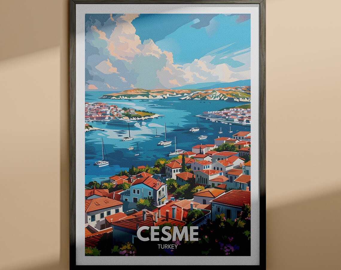 Cesme Turkey Aegean Harbor Sailboats Red Roofs Coastal Travel Poster