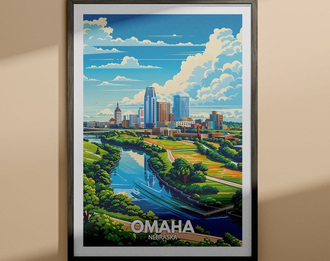 Omaha Nebraska River Skyline Sunset City Vintage Travel Poster