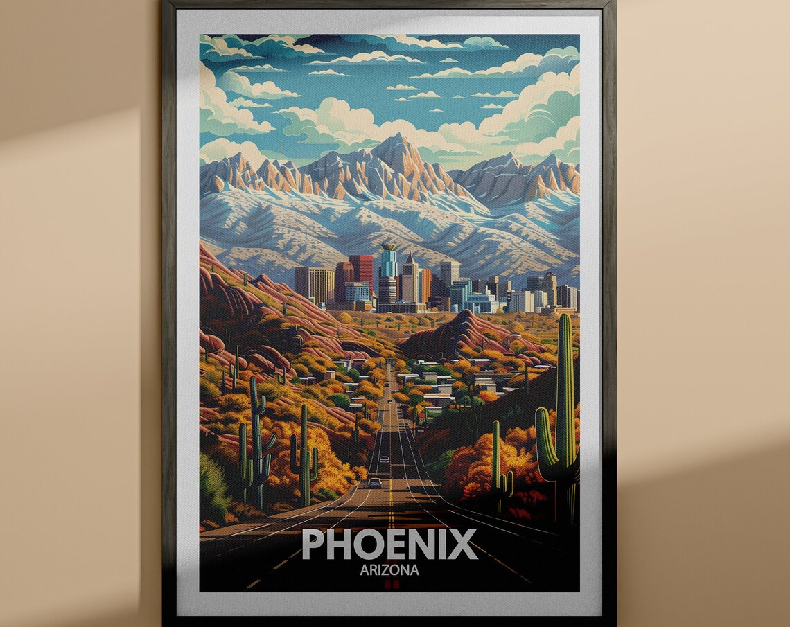 Phoenix Arizona Desert Sun Cactus Highway Skyline Travel Poster