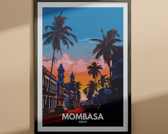 Mombasa Kenya Travel Poster Sunset Palm Street Colonial Buildings Coastal