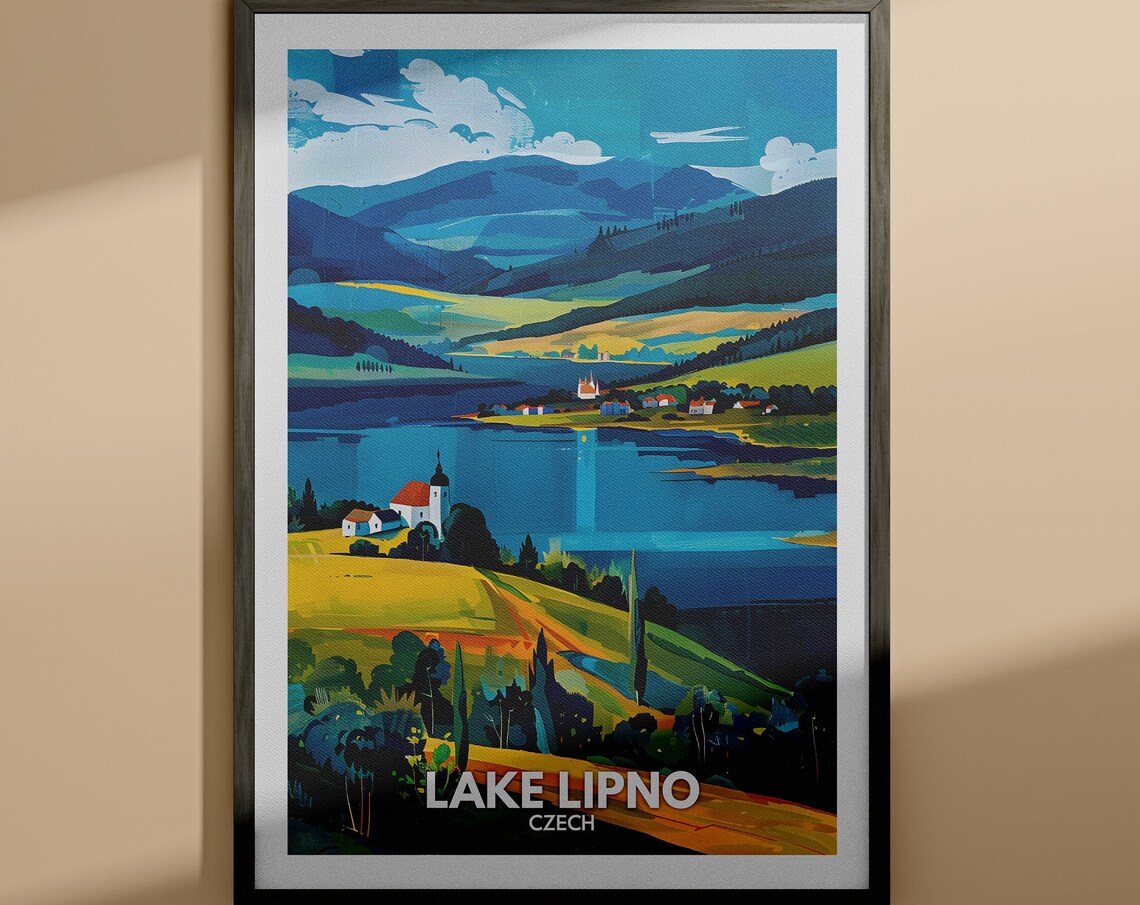 Lake Lipno Czech Alpine Lake Church Hills Valley Nature Travel Poster
