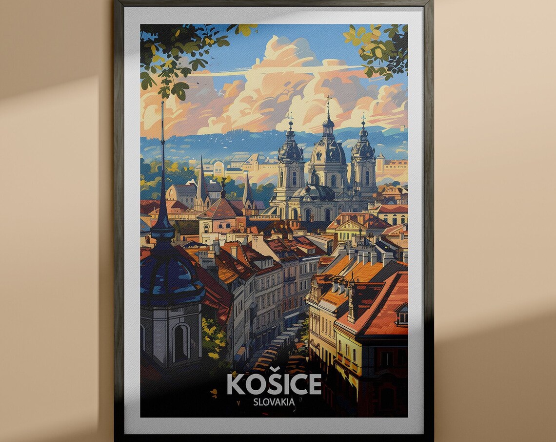 Kosice Slovakia Old Town Church Domes Red Roofs Vintage Travel Poster