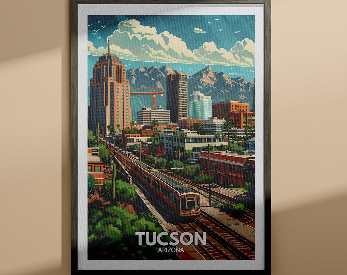 Tucson Arizona Downtown Train Mountain Vintage Travel Poster