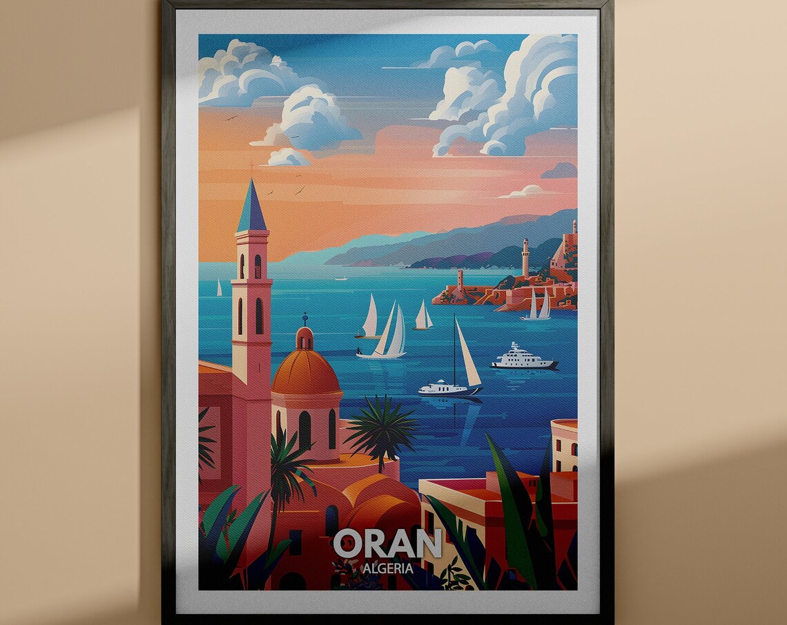 Oran Algeria Coastal Harbor Sailboats Dome Sunset Travel Poster