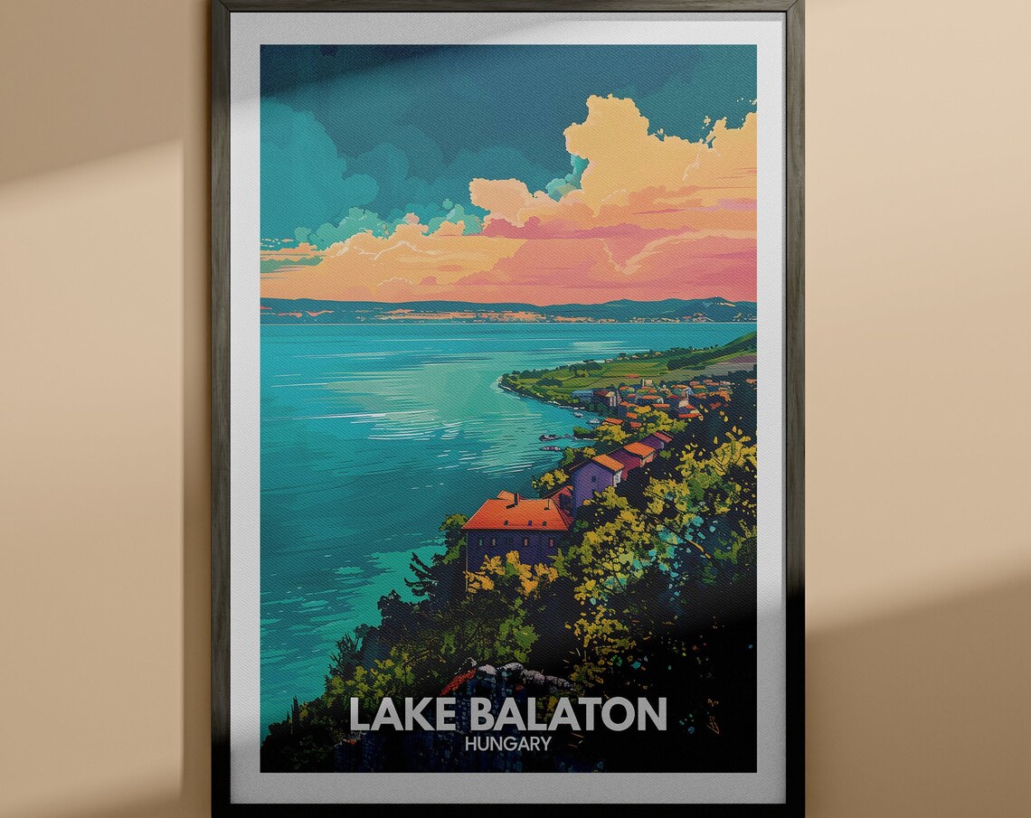 Lake Balaton Hungary Sunset Lakeside Village Shore Travel Poster