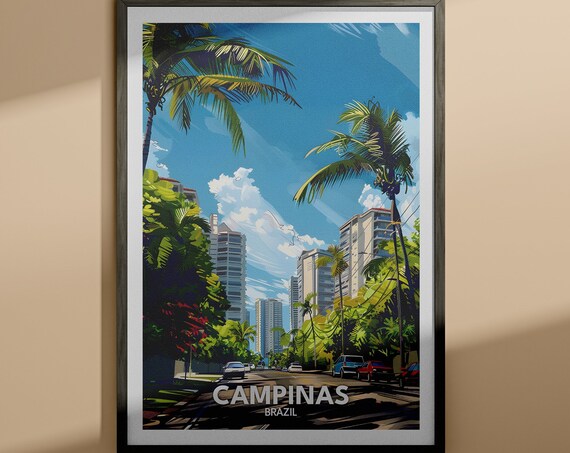Campinas Brazil Palm Lined City Avenue Vintage Travel Poster Art