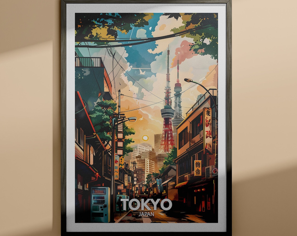 Tokyo Japan Cityscape with Tokyo Tower Neon Alley Sunset View Poster