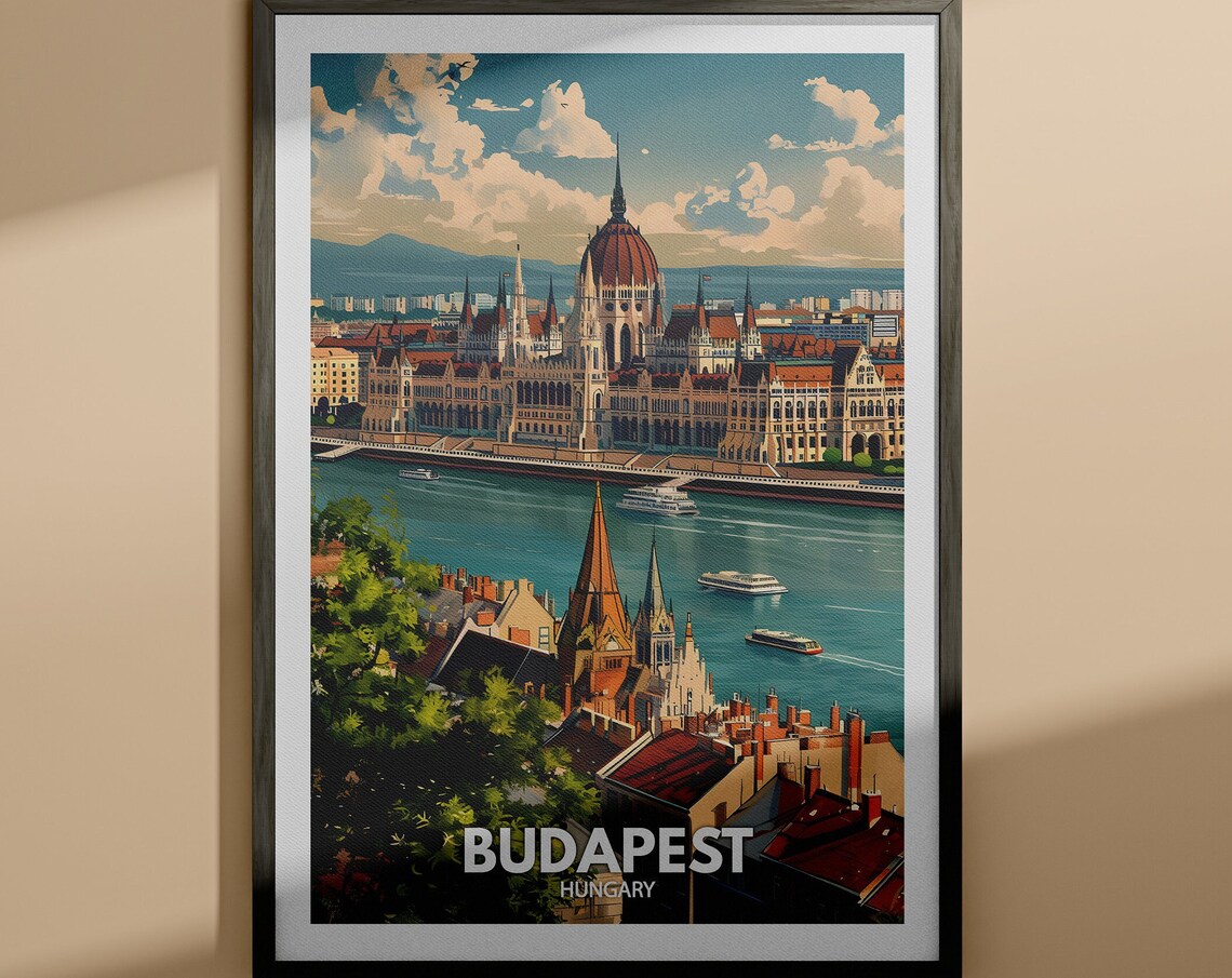 Budapest Hungary Parliament Danube River Retro Travel Poster