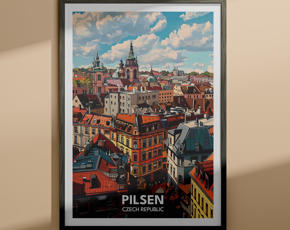 Pilsen Czech Republic Red Rooftops Old Town Churches Travel Poster