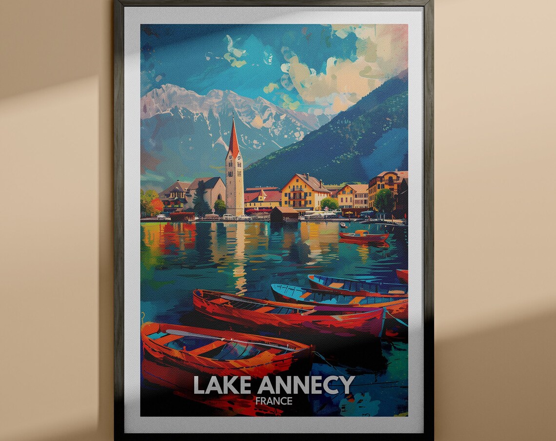 Lake Annecy France Boats Church Tower Mountains Travel Poster