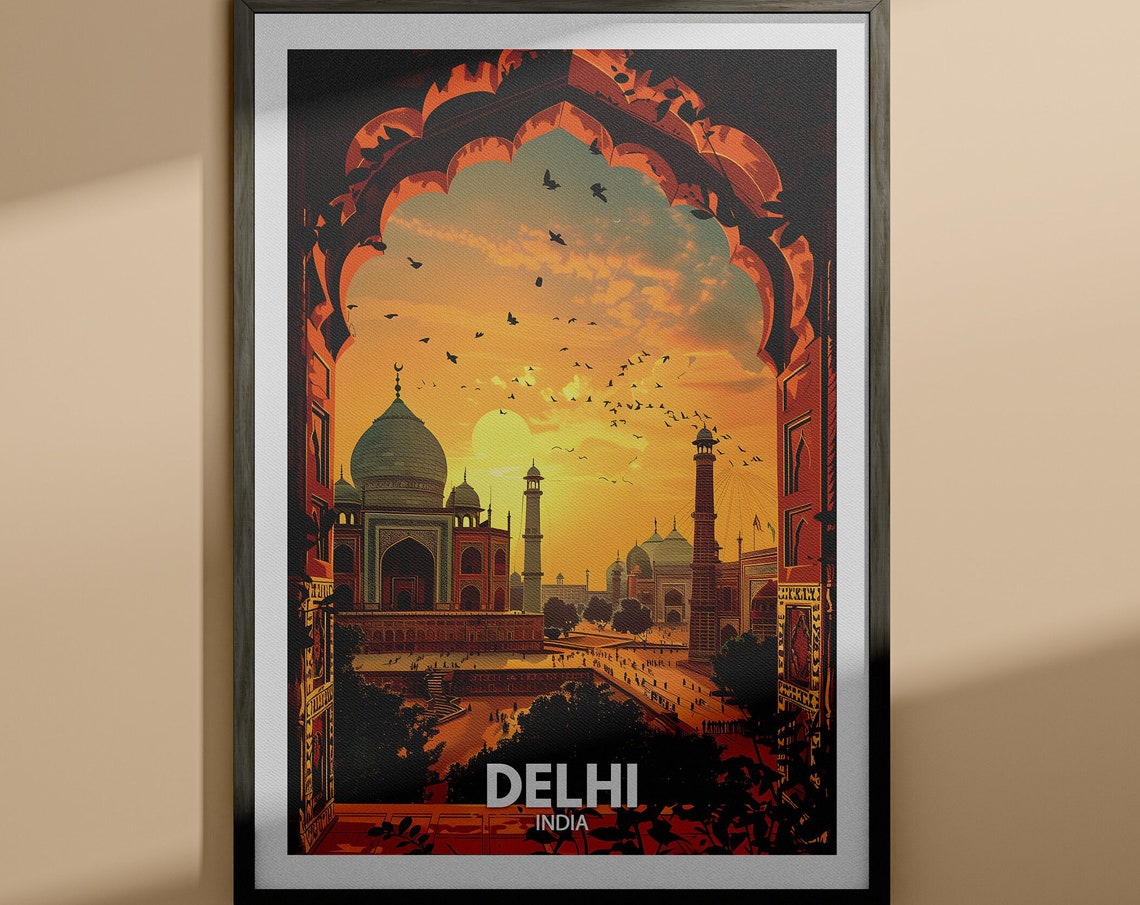 Delhi India Sunset Arch Red Sandstone Mughal Vintage Travel Poster