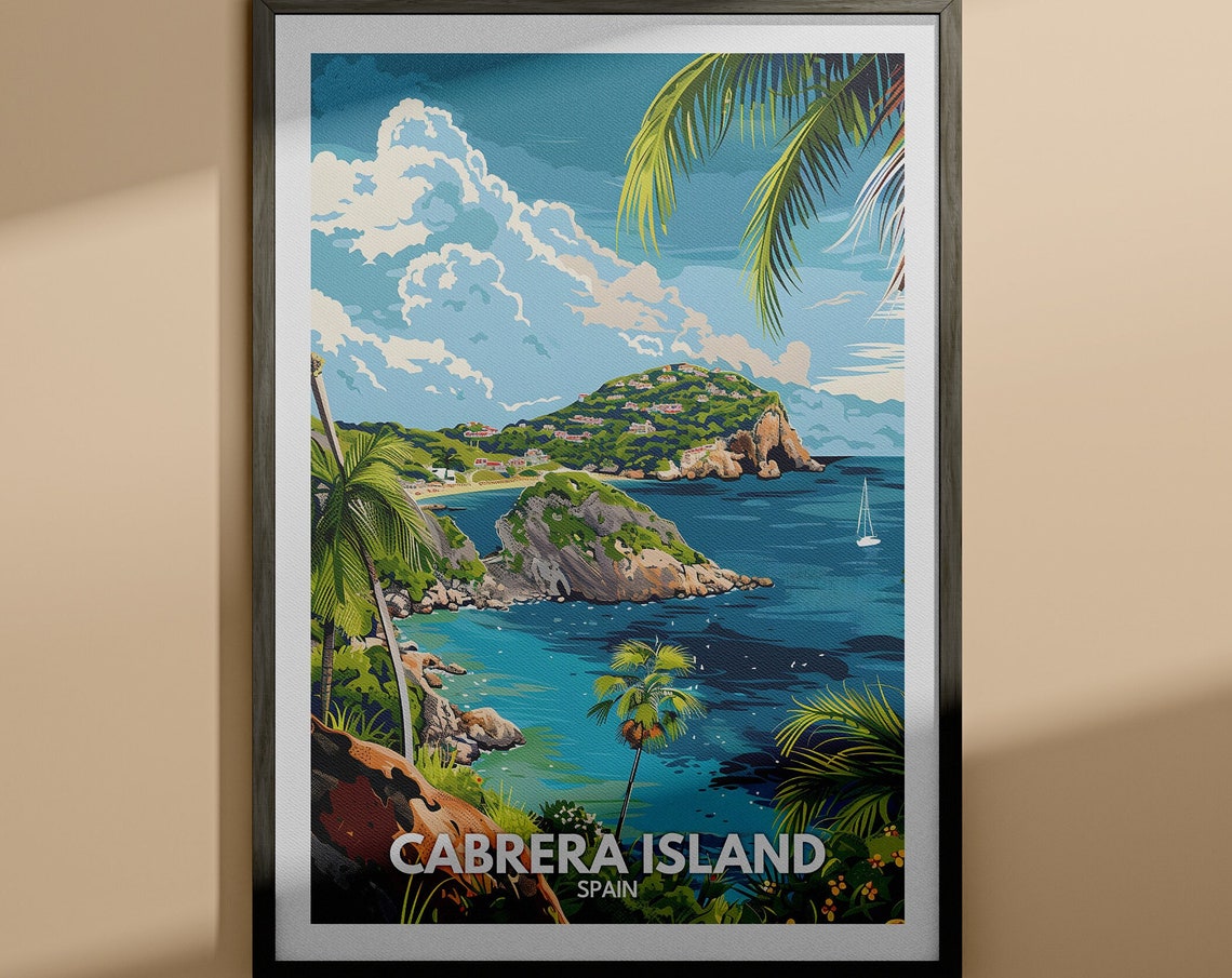 Cabrera Island Spain Tropical Cliffs Palm Trees Retro Travel Poster