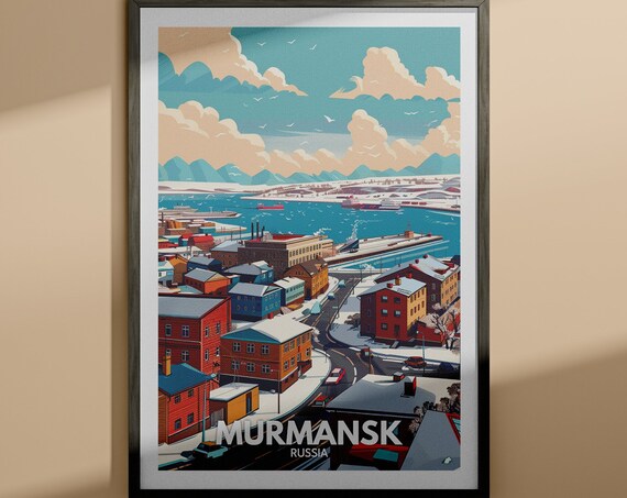 Murmansk Russia Snowy Arctic Harbor City Retro Travel Poster