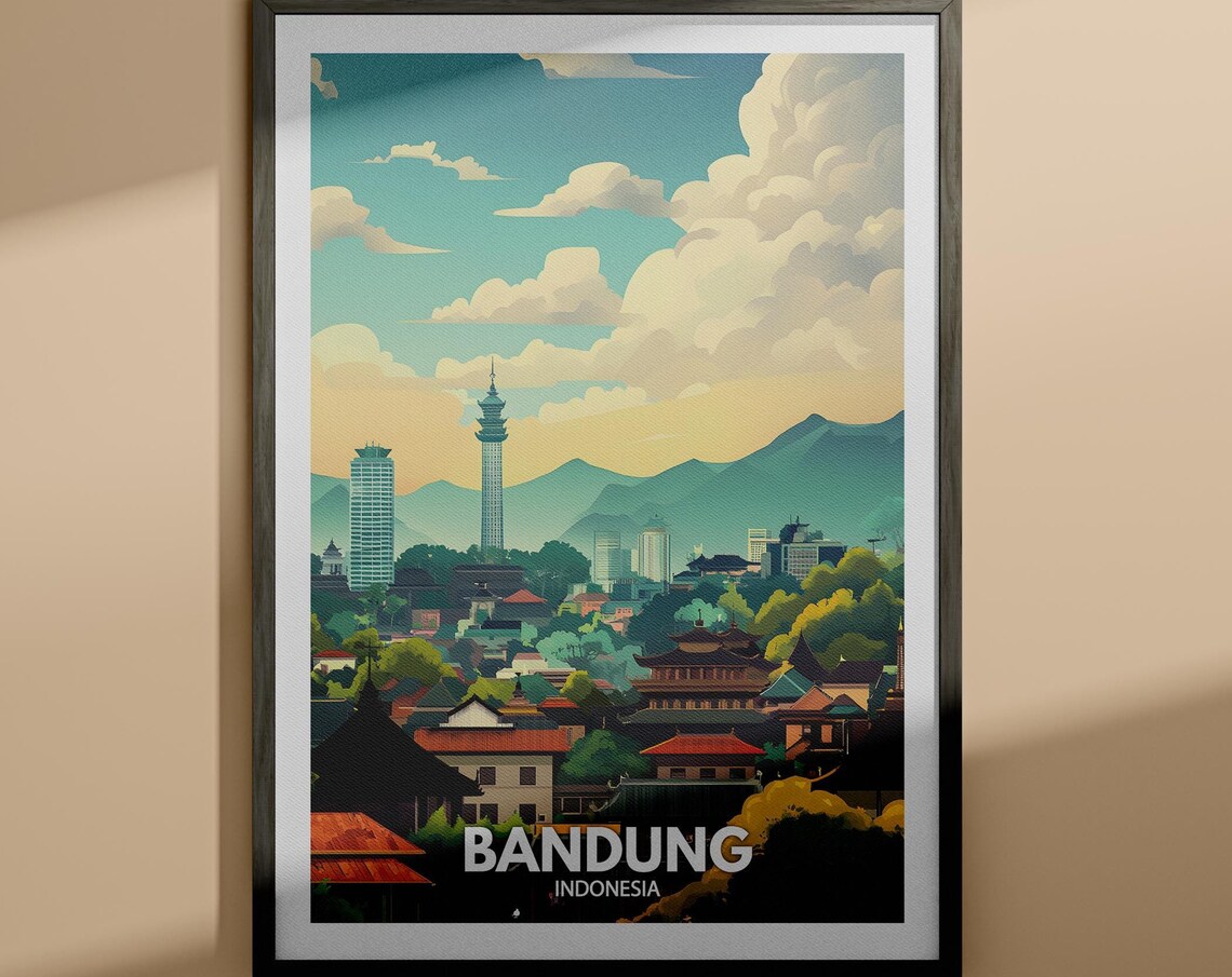 Bandung Indonesia City Mountain Skyline Vintage Travel Poster
