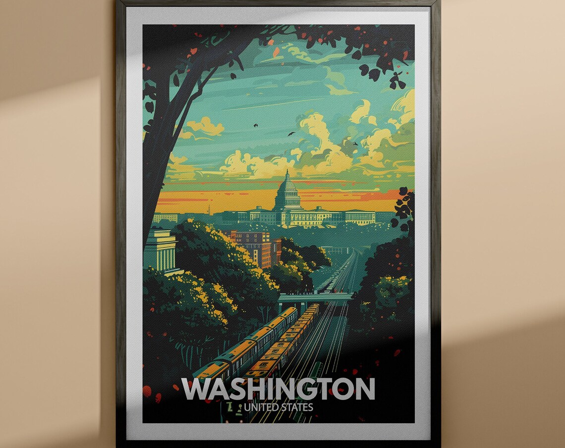 Washington United States Capitol Sunset Train Vintage Travel Poster
