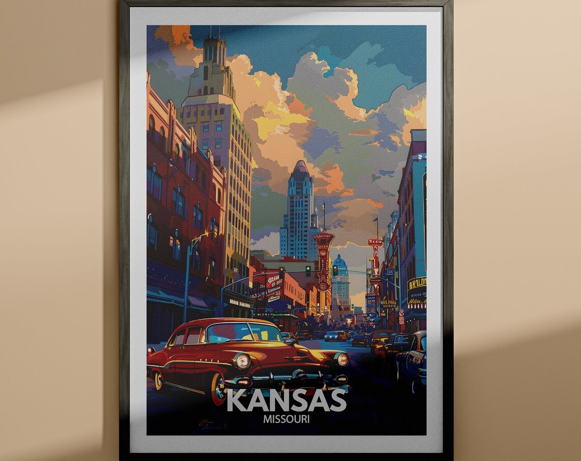 Kansas Missouri Downtown Street Classic Car Vintage Travel Poster