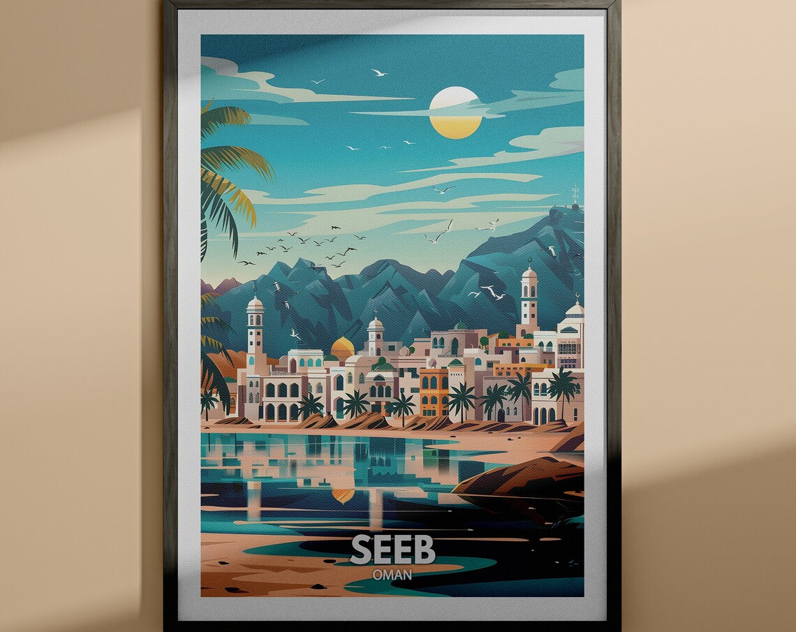 Seeb Oman Coastal Town Mountains Moonrise Vintage Travel Poster