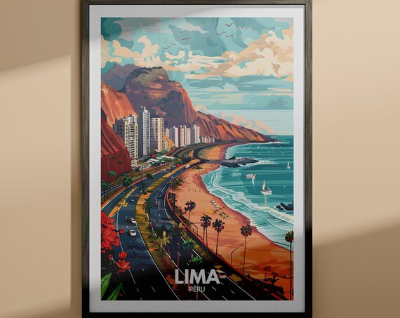 Lima Peru Coastal Highway Beach Cliffs Vintage Travel Poster