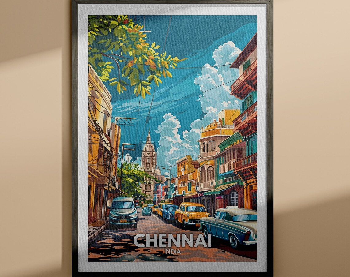Chennai India Colonial Street Heritage Church Vintage Travel Poster