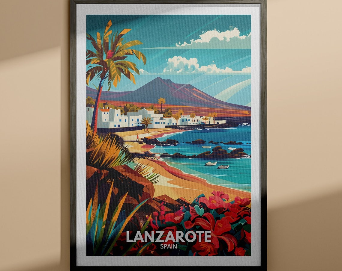 Lanzarote Spain Beach Volcano Whitewashed Town Travel Poster