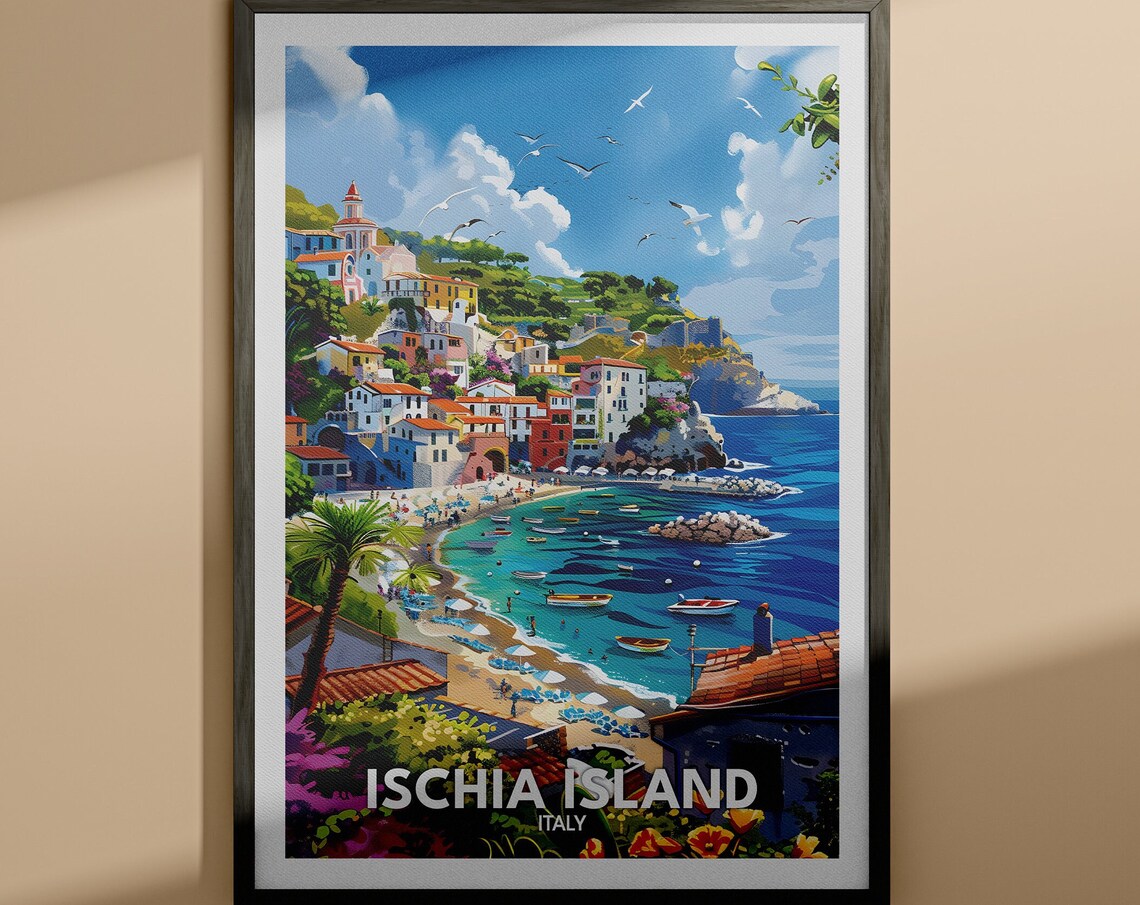 Ischia Island Italy Illustrated Coast Travel Poster Village Bay Scene