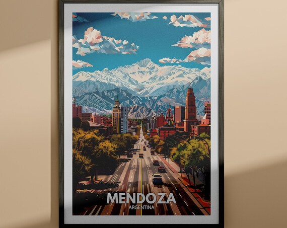 Mendoza Argentina Travel Poster Andes Mountains Boulevard City View