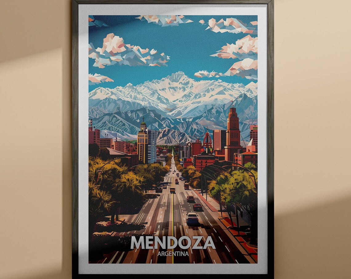 Mendoza Argentina Travel Poster Andes Mountains Boulevard City View