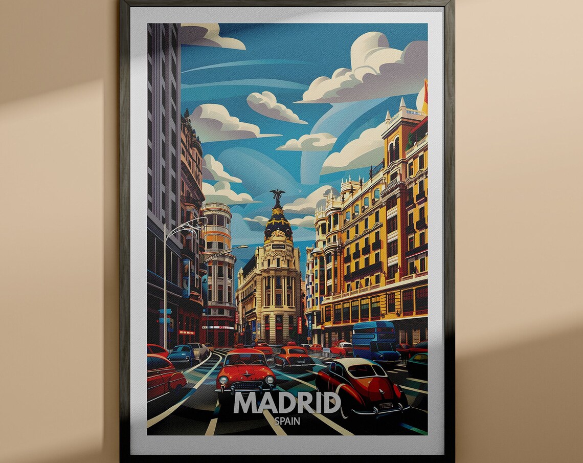 Madrid Spain Gran Via Street Classic Cars City Travel Poster