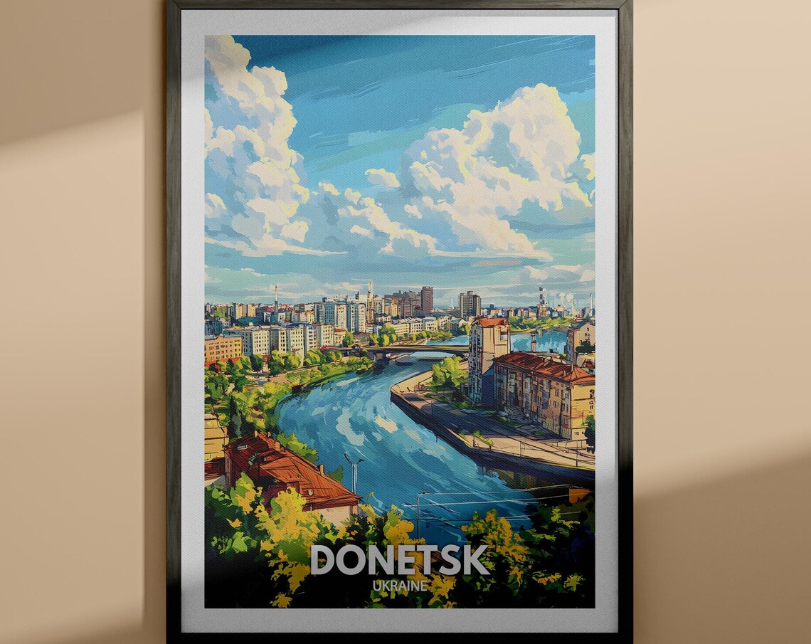Donetsk Ukraine River Bend Skyline Vintage Travel Poster Art