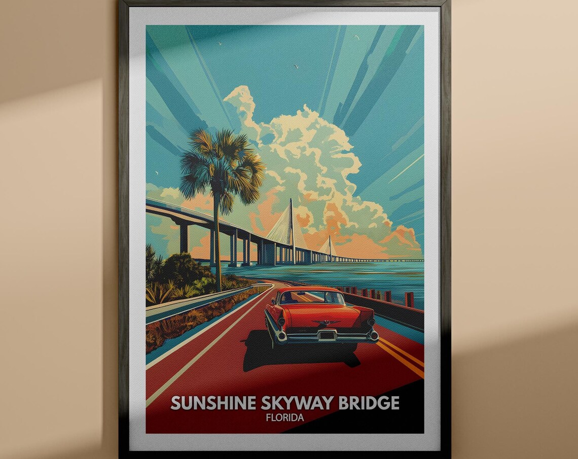 Sunshine Skyway Bridge Florida Vintage Car Travel Art Poster
