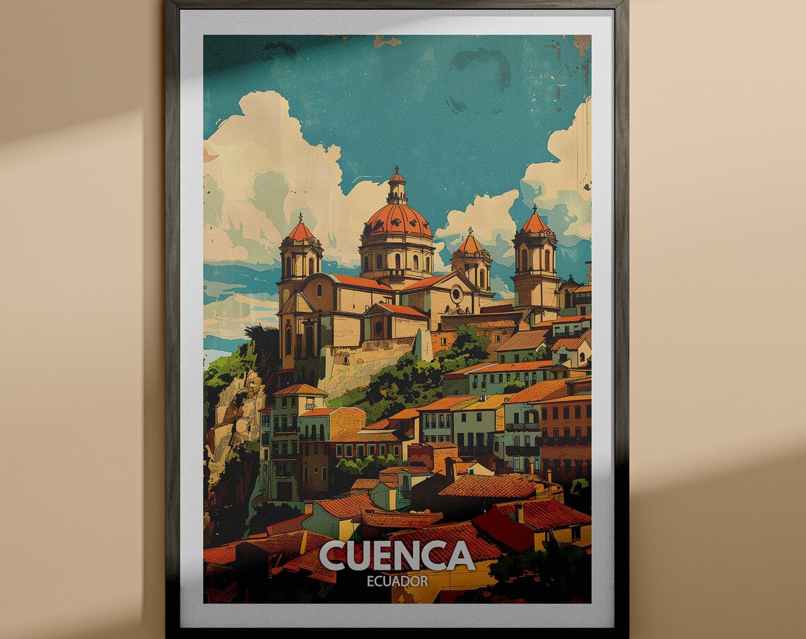 Cuenca Ecuador Colonial Cathedral Domes Vintage Travel Poster