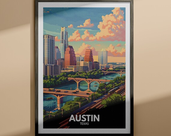 Austin Texas Skyline River Bridges Sunset Vintage Travel Poster