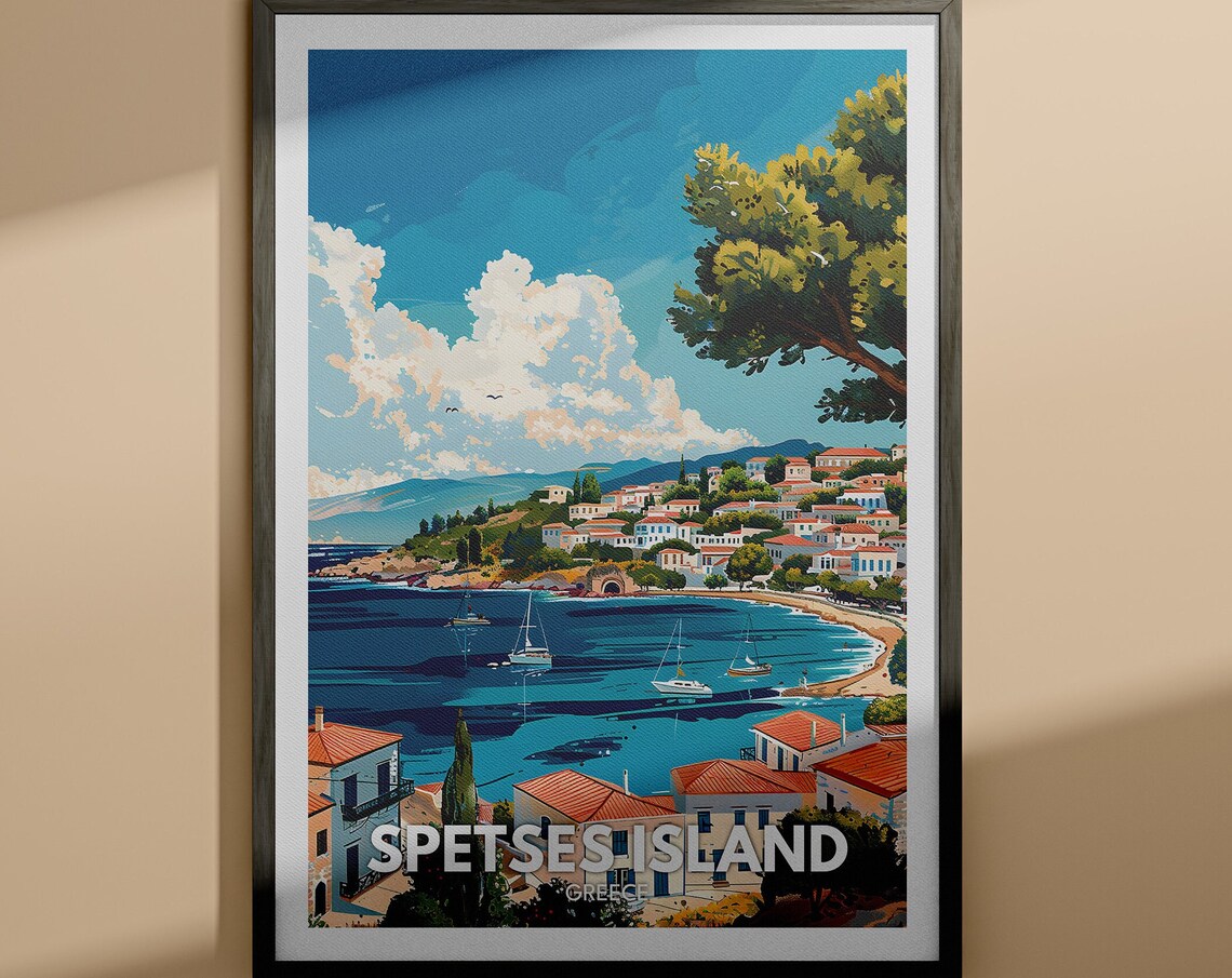 Spetses Island Greece Harbor Bay with Sailboats Vintage Travel Poster