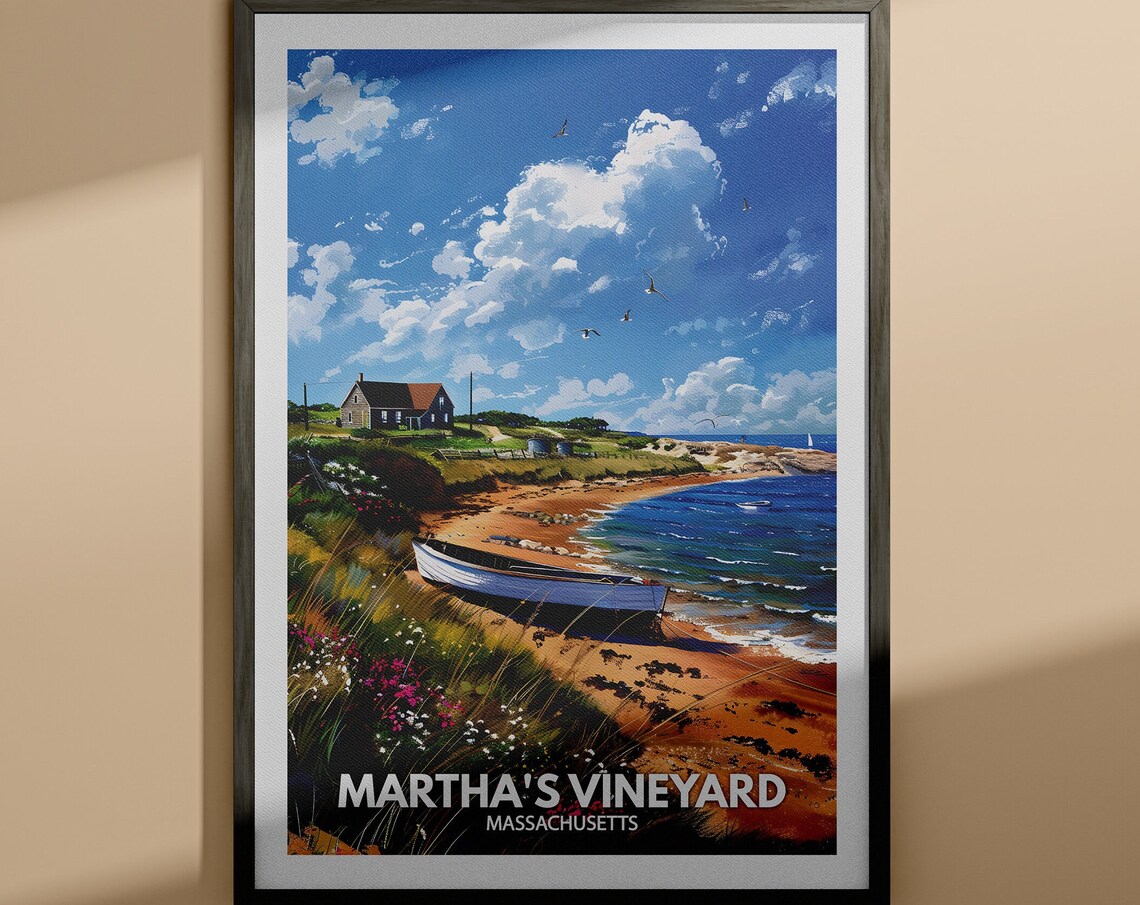 Marthas Vineyard Massachusetts Beach Boat Cottage Ocean Poster