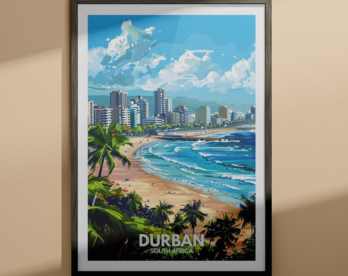 Durban South Africa Beach Skyline Palm Trees Travel Art Poster