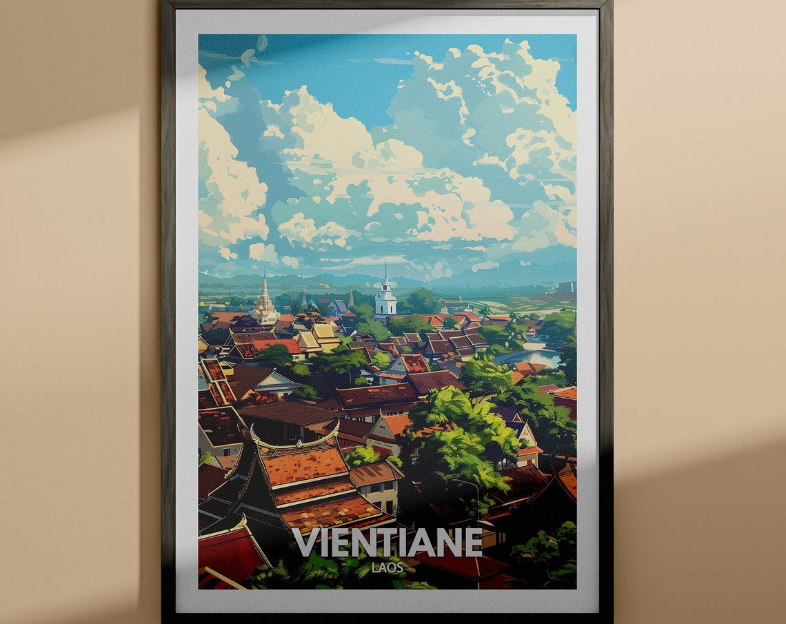 Vientiane Laos Travel Poster Temple Rooftops Dramatic Clouds Cityscape