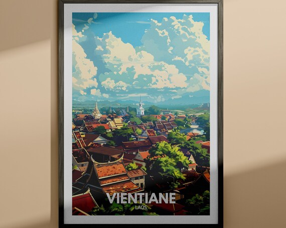 Vientiane Laos Travel Poster Temple Rooftops Dramatic Clouds Cityscape