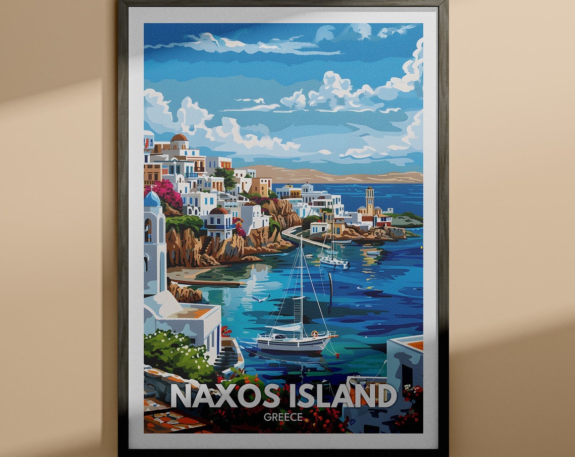 Naxos Island Greece Whitewashed Village Harbor Sailboat Poster