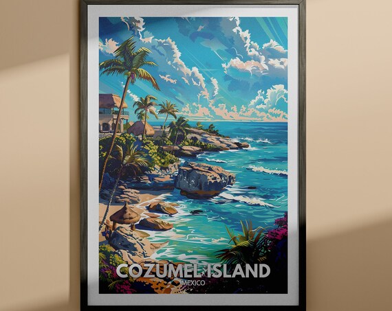 Cozumel Island Mexico Rocky Cove Palms Thatched Huts Tropical Travel Poster