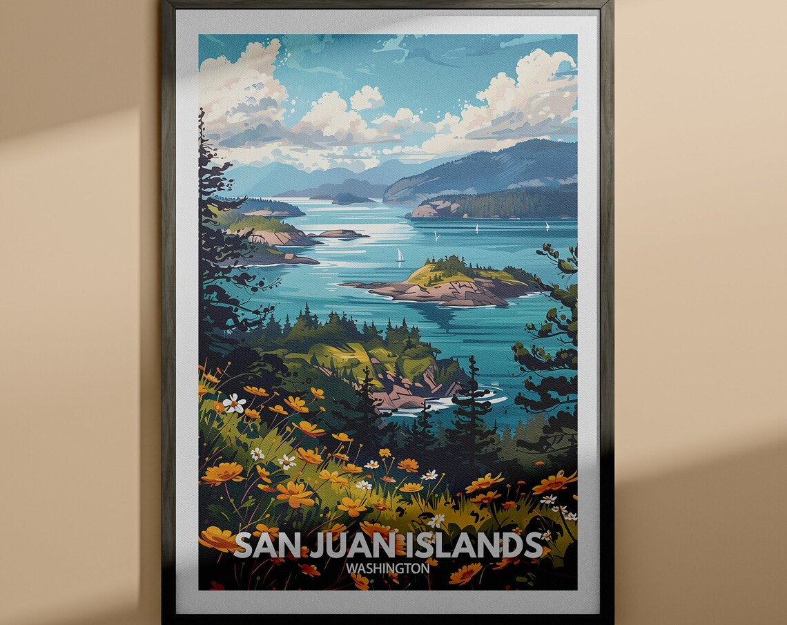 San Juan Islands Washington Sailboats Wildflower Coast Travel Poster