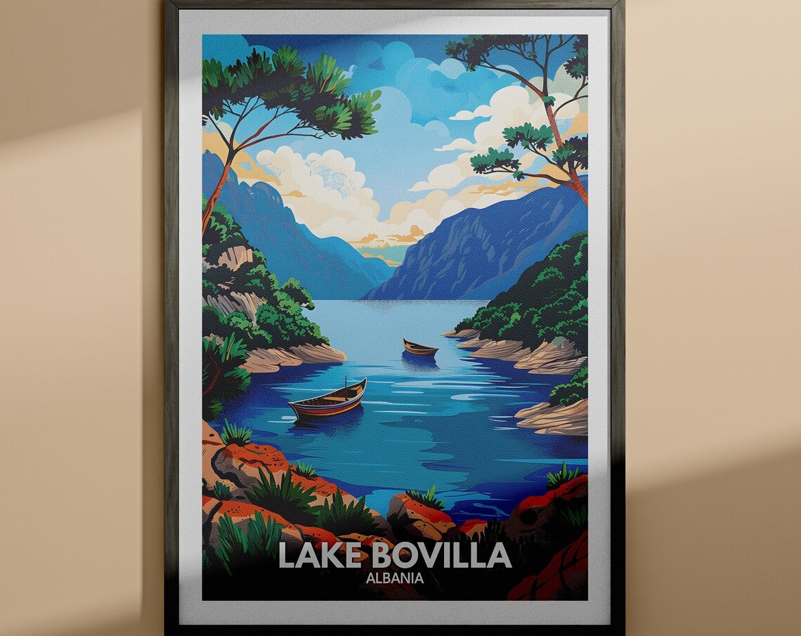 Lake Bovilla Albania Blue Reservoir Cliffs Boats Travel Poster