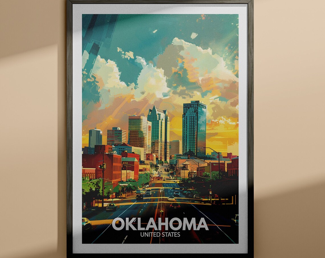 Oklahoma City Sunset Skyline Cityscape Vintage Travel Poster