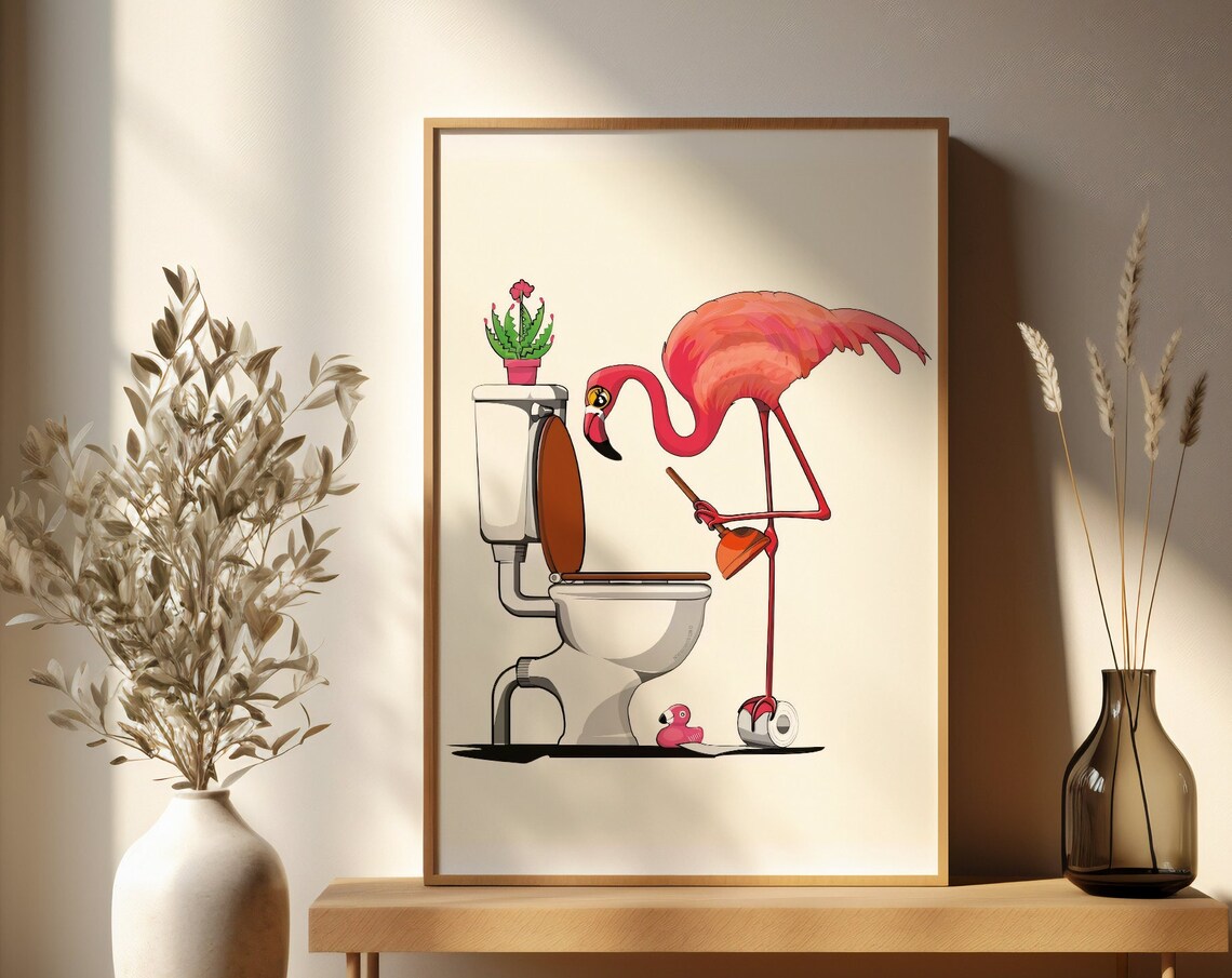 Funny Pink Flamingo Plunging Toilet Cartoon Bathroom Humor Poster