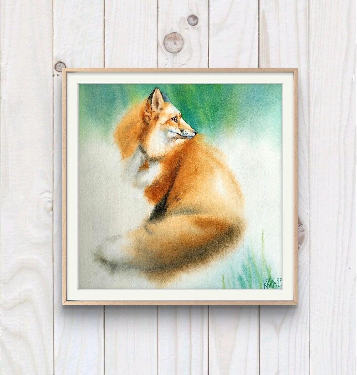 Red Fox Resting Curled Up Soft Watercolor Woodland Wildlife Art Poster