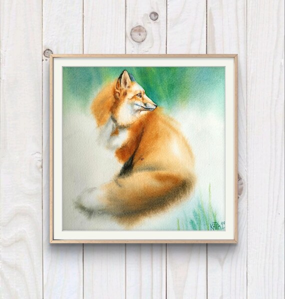 Red Fox Resting Curled Up Soft Watercolor Woodland Wildlife Art Poster