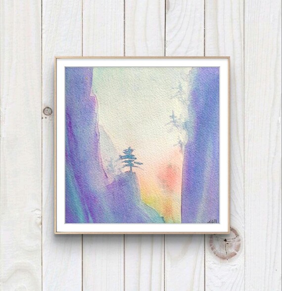 Lone Pine Tree in Purple Mountain Valley Sunrise Watercolor Landscape Poster
