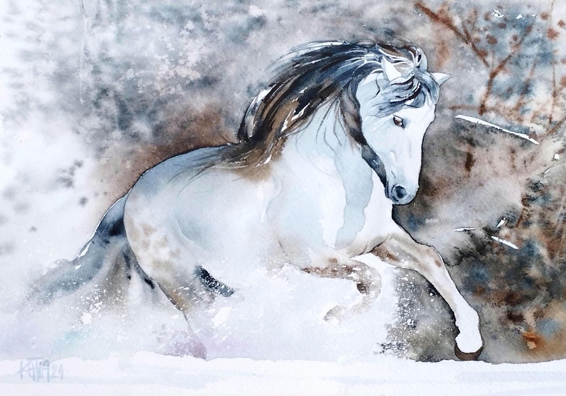 Horse In Freedom Original Watercolor Horse Painting Purebred White And Gray In A Snowy Landscape Animal Wall Art Handmade