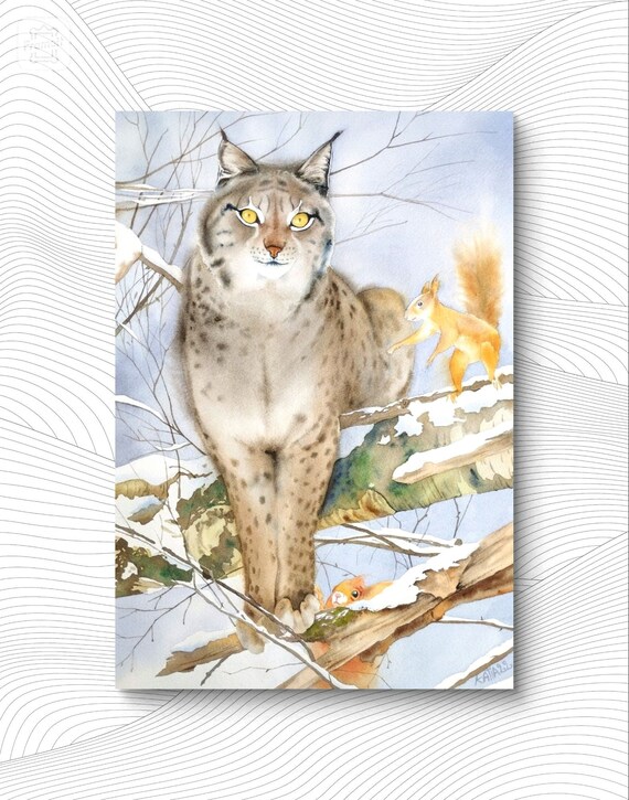 Lynx With Red Squirrels in Snowy Tree Watercolor Winter Wildlife Art Poster