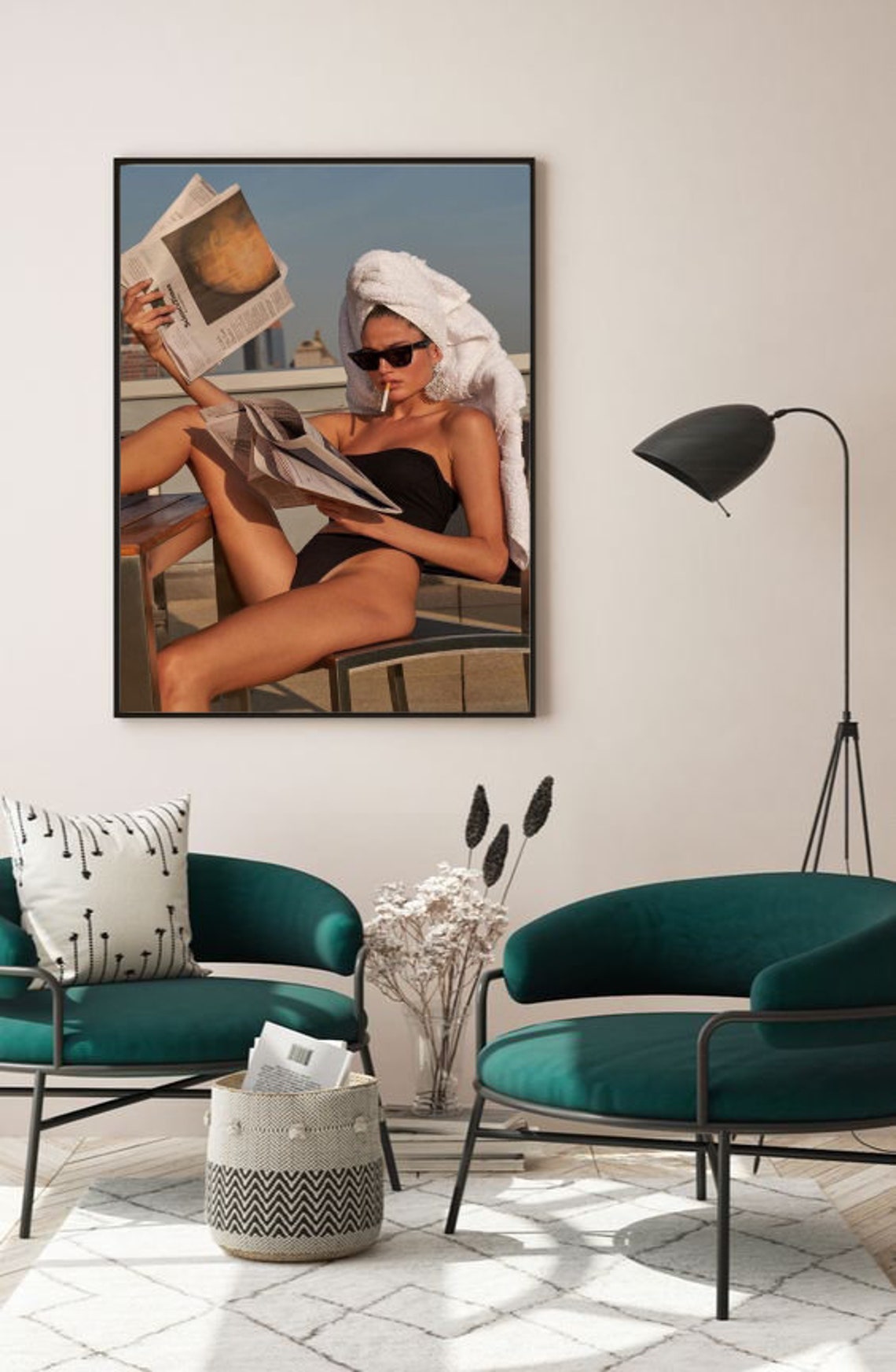 Vintage Woman Reading Newspaper Poolside Black Swimsuit Art Poster - Image 2